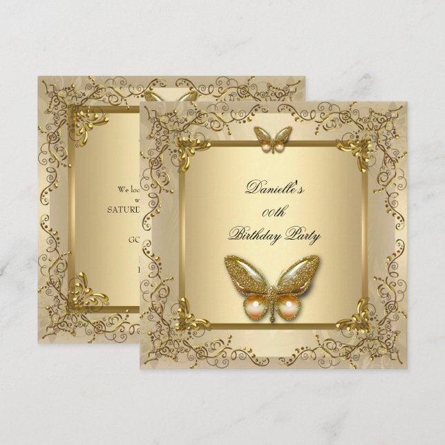 Invitation Fête d'anniversaire élégante Papillon doré beige (Devant / Derrière)