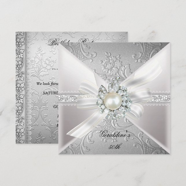 Invitation Fête d'anniversaire élégante perle blanche argent  (Devant / Derrière)