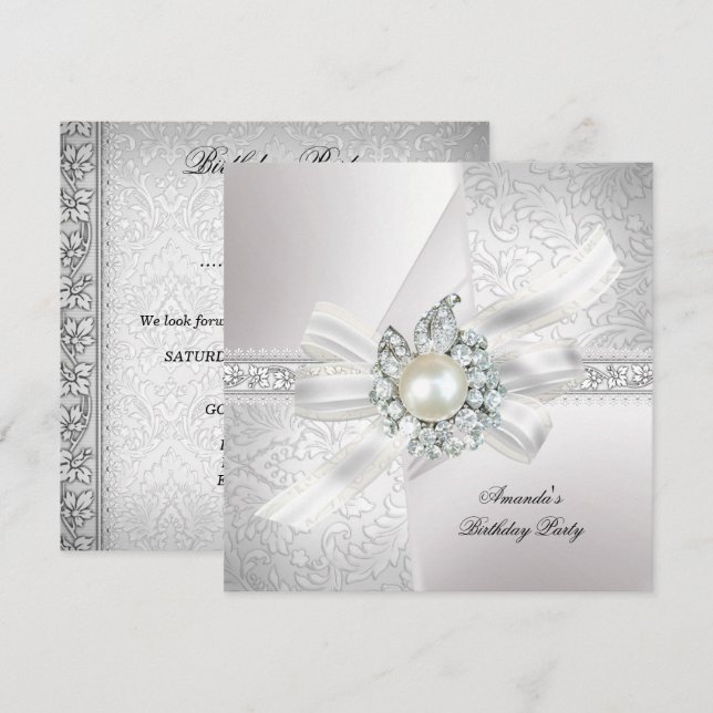 Invitation Fête d'anniversaire élégante perle blanche argenté (Devant / Derrière)