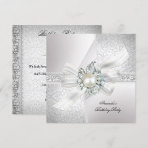 Invitation Fête d'anniversaire élégante perle blanche argenté