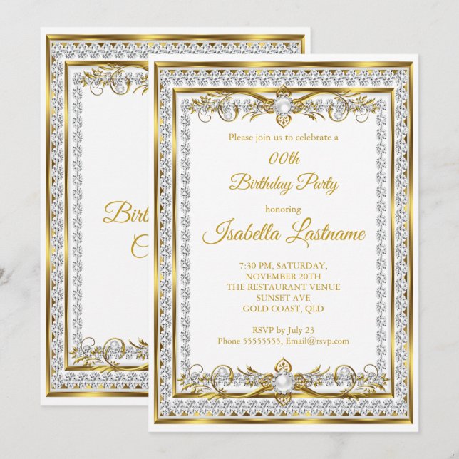 Invitation Fête d'anniversaire élégante perle blanche or diam (Devant / Derrière)
