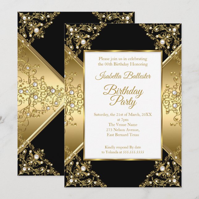 Invitation Fête d'anniversaire élégante perle blanche or noir (Devant / Derrière)