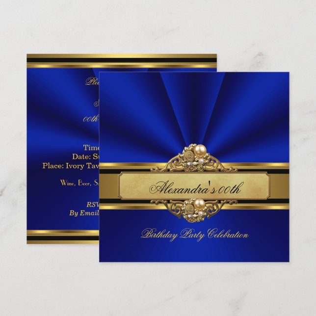 Invitation Fête d'anniversaire élégante perle bleu roi or (Devant / Derrière)