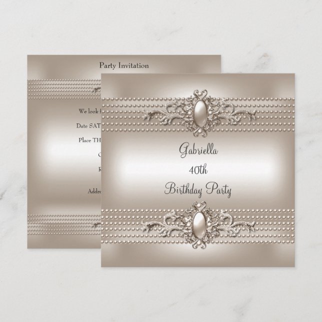 Invitation Fête d'anniversaire élégante perle crème 40 ans (Devant / Derrière)