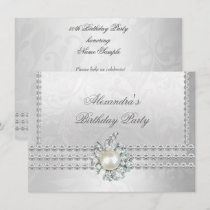 Invitation Fête d'anniversaire élégante perle diamant argent