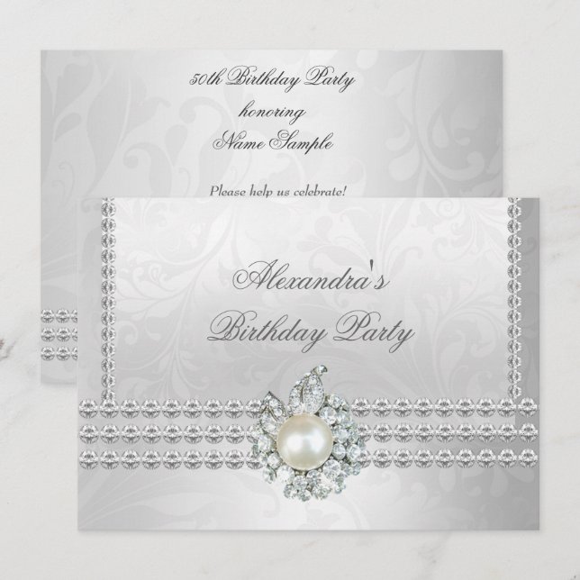 Invitation Fête d'anniversaire élégante perle diamant argent  (Devant / Derrière)