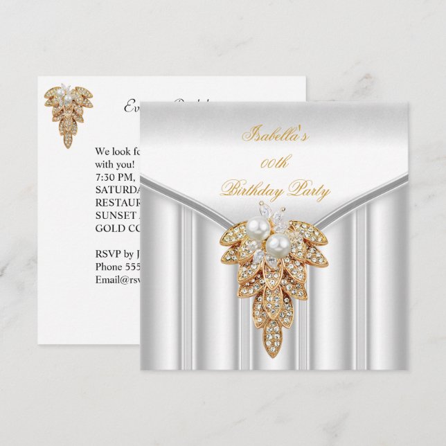 Invitation Fête d'anniversaire élégante perle en or blanc (Devant / Derrière)