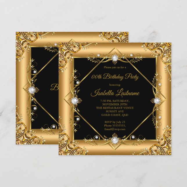 Invitation Fête d'anniversaire élégante perle noire dorée (Devant / Derrière)