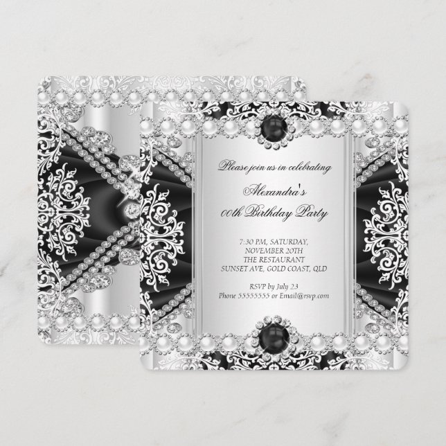 Invitation Fête d'anniversaire élégante perle noire et blanch (Devant / Derrière)