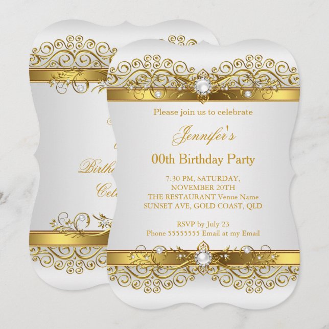 Invitation Fête d'anniversaire élégante perle or blanc argent (Devant / Derrière)