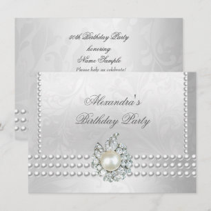 Invitation Fête d'anniversaire élégante perles diamantées arg