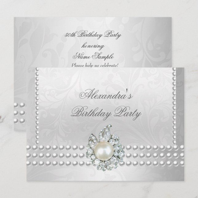Invitation Fête d'anniversaire élégante perles diamantées arg (Devant / Derrière)