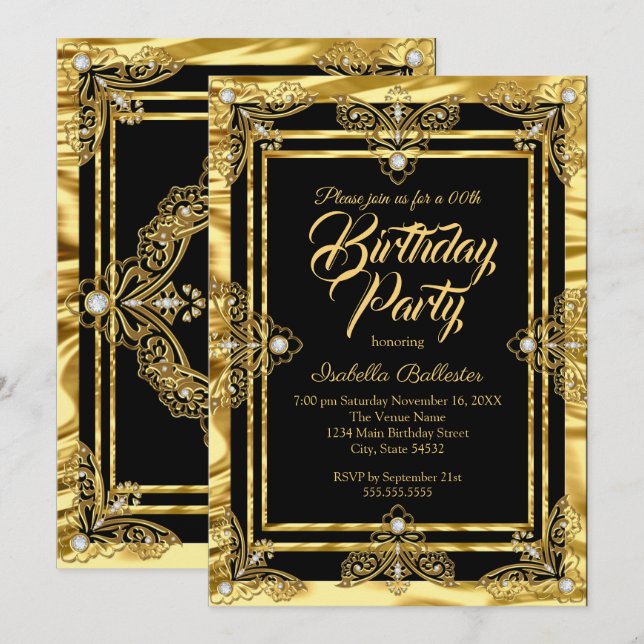 Invitation Fête d'anniversaire élégante perles noires dorées (Devant / Derrière)