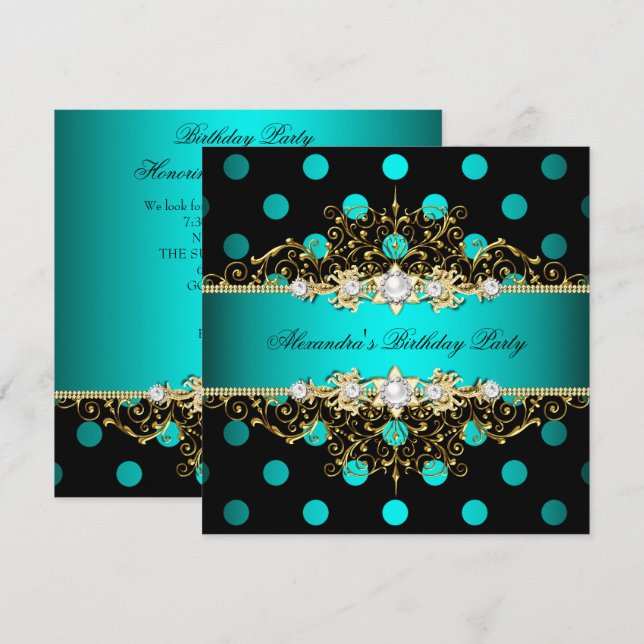 Invitation Fête d'anniversaire élégante pois noirs sarcelle o (Devant / Derrière)