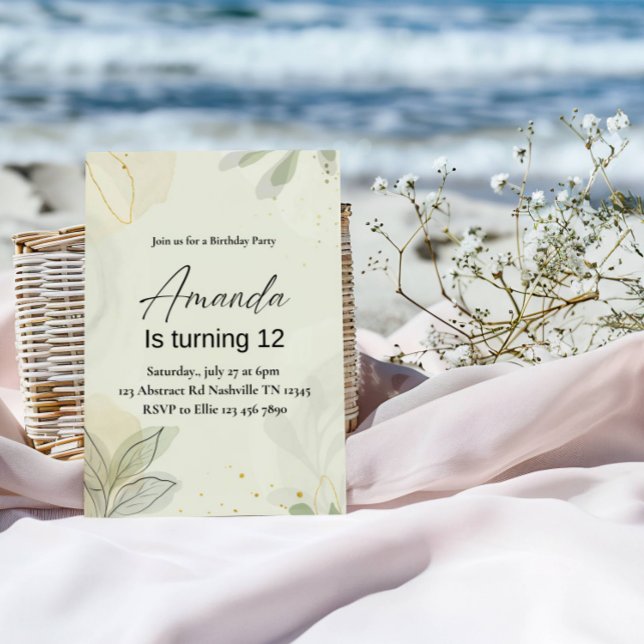Invitation Fête d'anniversaire élégante pour fille aux feuill (Créateur téléchargé)