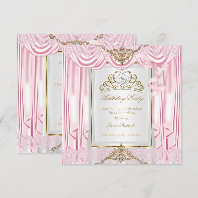 Invitation Fête d'anniversaire élégante princesse rose or bla (Devant / Derrière)