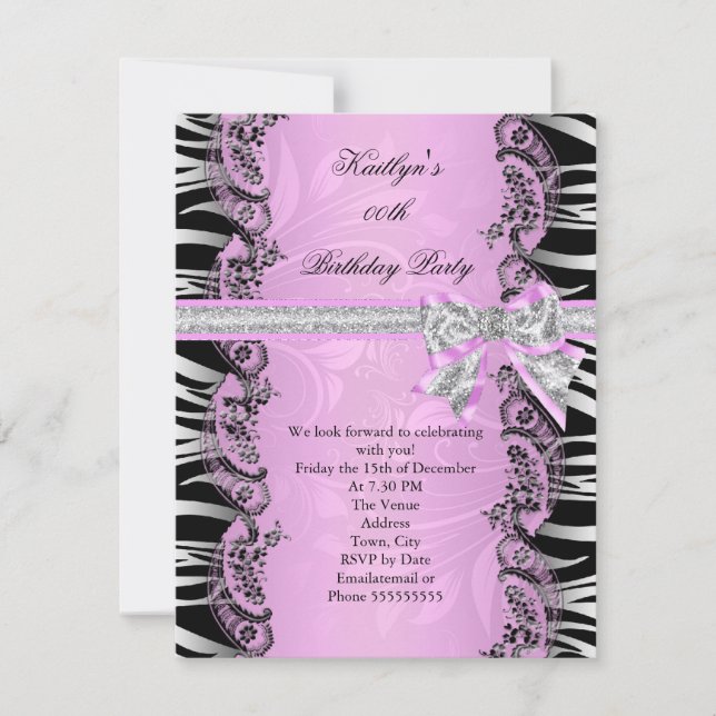 Invitation Fête d'anniversaire élégante rayée rose noir (Devant)