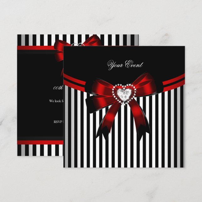 Invitation Fête d'anniversaire élégante rayée rouge noir et b (Devant / Derrière)