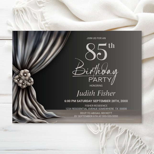 Invitation Fête d'anniversaire élégante Rideau Argent 85 ans (Créateur téléchargé)