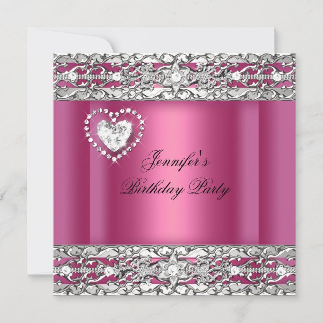 Invitation Fête d'anniversaire élégante rose argent diamant (Devant)