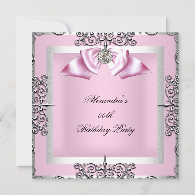 Invitation Fête d'anniversaire élégante rose argenté (Devant)