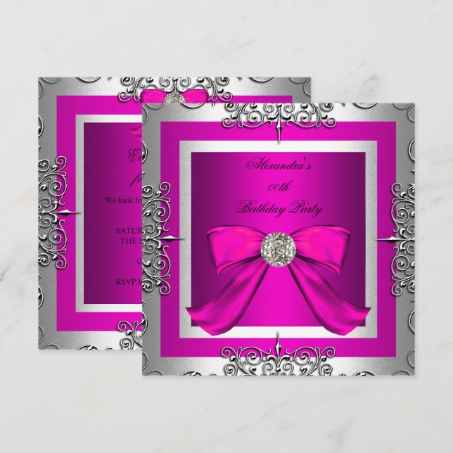 Invitation Fête d'anniversaire élégante rose chaud argenté (Devant / Derrière)