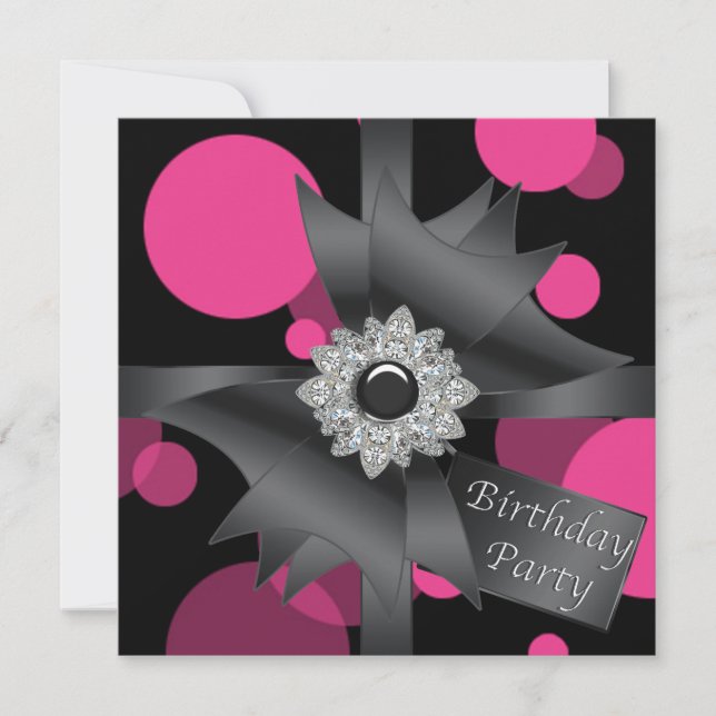 Invitation Fête d'anniversaire élégante rose chaud noir (Devant)
