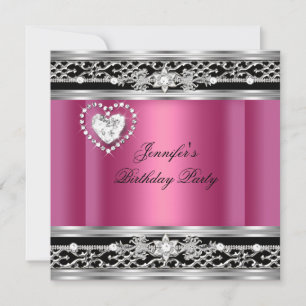Invitation Fête d'anniversaire élégante rose diamant noir arg