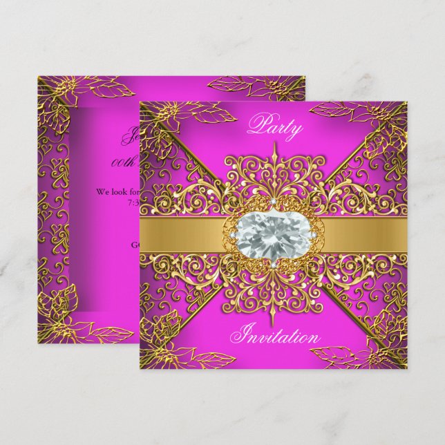 Invitation Fête d'anniversaire élégante rose doré damassé (Devant / Derrière)