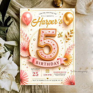 Invitation Fête d'anniversaire élégante rose et or 5 ans
