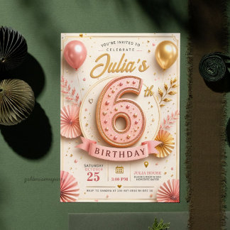Invitation Fête d'anniversaire élégante rose et or 6 ans