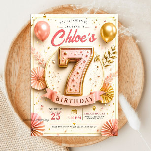 Invitation Fête d'anniversaire élégante rose et or pour 7 ans