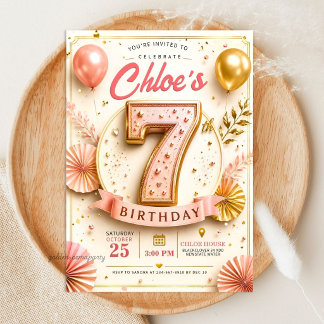 Invitation Fête d'anniversaire élégante rose et or pour 7 ans