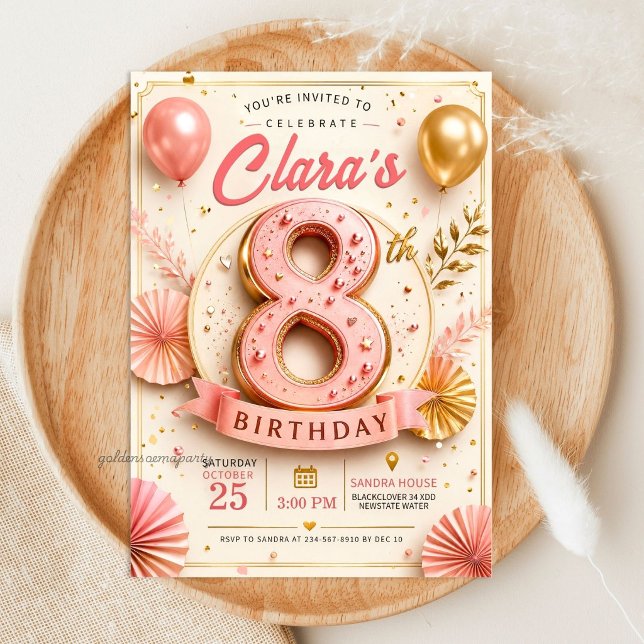 Invitation Fête d'anniversaire élégante rose et or pour 8 ans (Elegant Pink Gold 8th Birthday Party Invitation
)