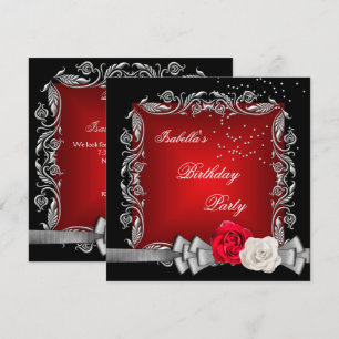 Invitation Fête d'anniversaire élégante rose rouge noir argen