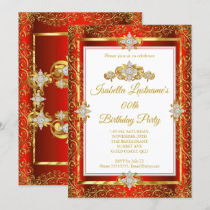 Invitation Fête d'anniversaire élégante rouge damassé or blan