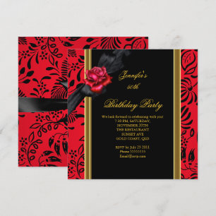 Invitation Fête d'anniversaire élégante rouge damassé or noir