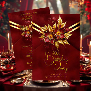 Invitation Fête d'anniversaire élégante Rouge Floral Faux Vel