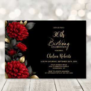 Invitation Fête d'anniversaire élégante rouge florale noire