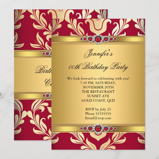 Invitation Fête d'anniversaire élégante rouge or damas perle (Devant / Derrière)
