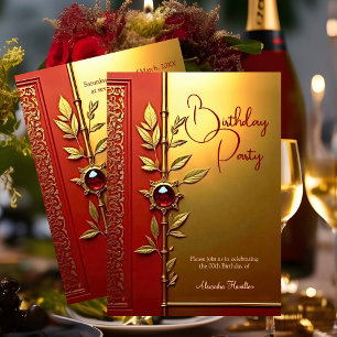 Invitation Fête d'anniversaire élégante rouge ornementée or