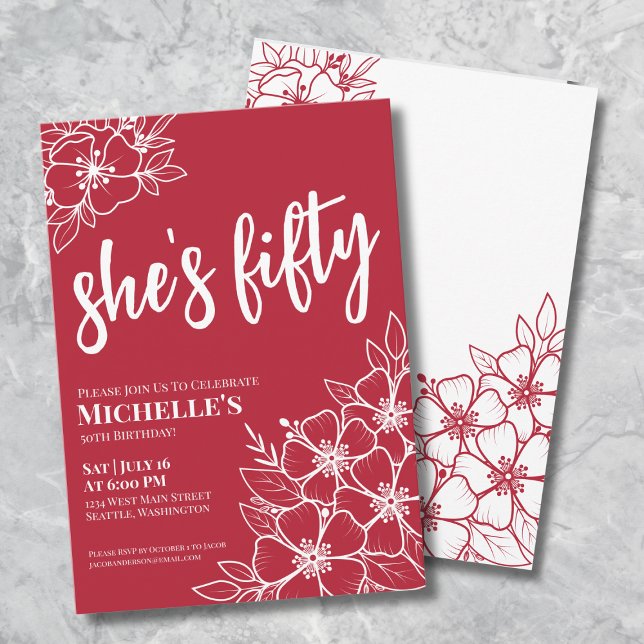 Invitation Fête d'anniversaire élégante rouge pour les 50 ans (Trendy Fifty Hot Red 50th Birthday Party Invitation)