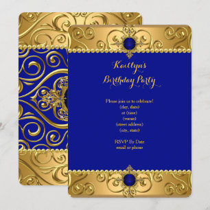 Invitation Fête d'anniversaire élégante Royal Blue Damassé Or
