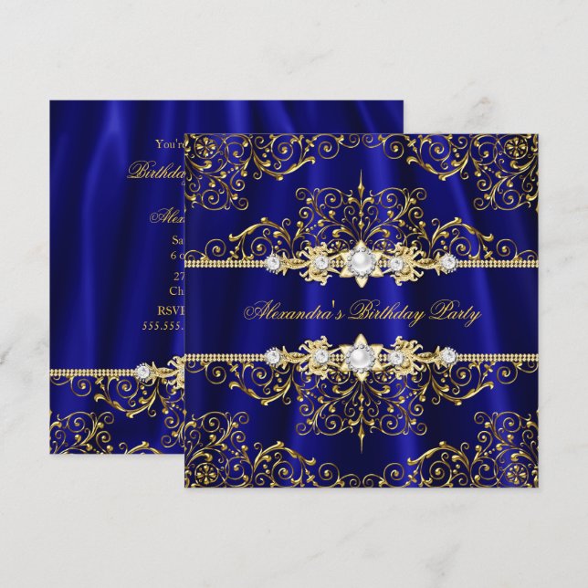 Invitation Fête d'anniversaire élégante royale bleue et or da (Devant / Derrière)