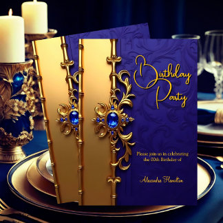 Invitation Fête d'anniversaire élégante royale bleue et or or
