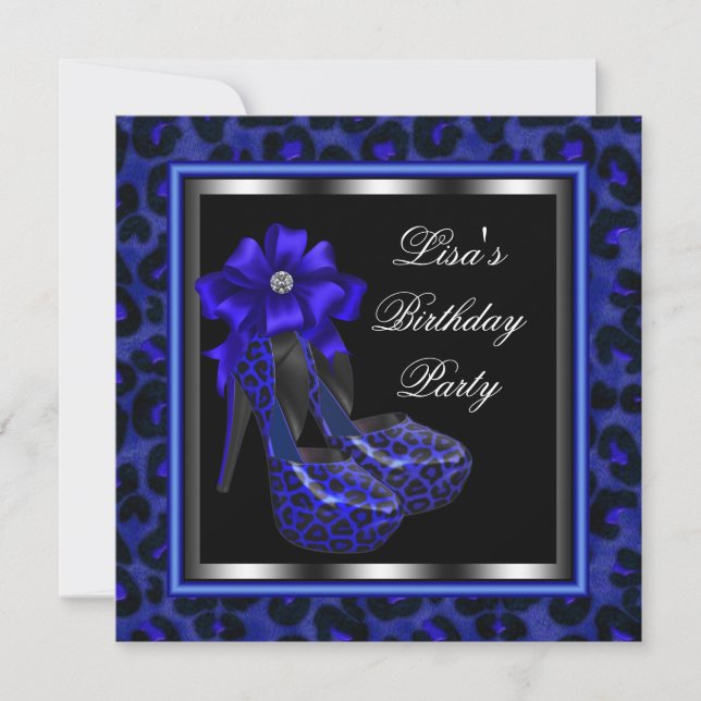 Invitation Fête d'anniversaire élégante royale bleue léopard (Devant)