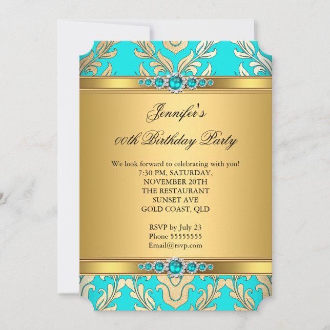 Invitation Fête d'anniversaire élégante sarcelle or damas per (Devant)
