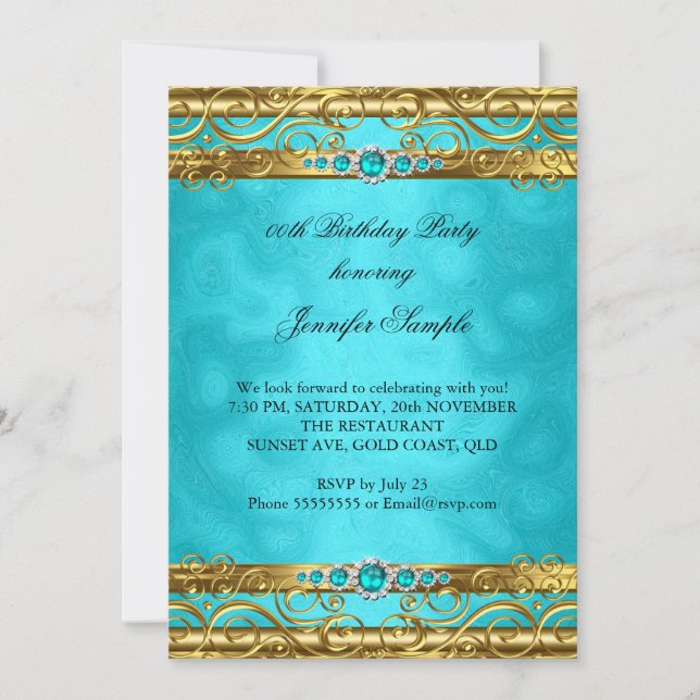 Invitation Fête d'anniversaire élégante sarcelle or damas per (Devant)