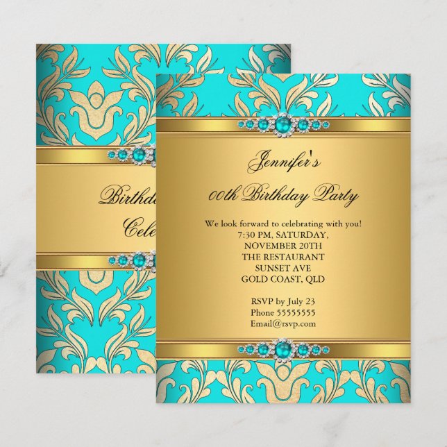Invitation Fête d'anniversaire élégante sarcelle or damas per (Devant / Derrière)