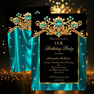 Invitation Fête d'anniversaire élégante Soie Bleu sarcelle Or